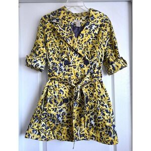 Vertigo Paris Yellow Navy Abstract Animal Print Trench Coat Jacket Sz M S/S